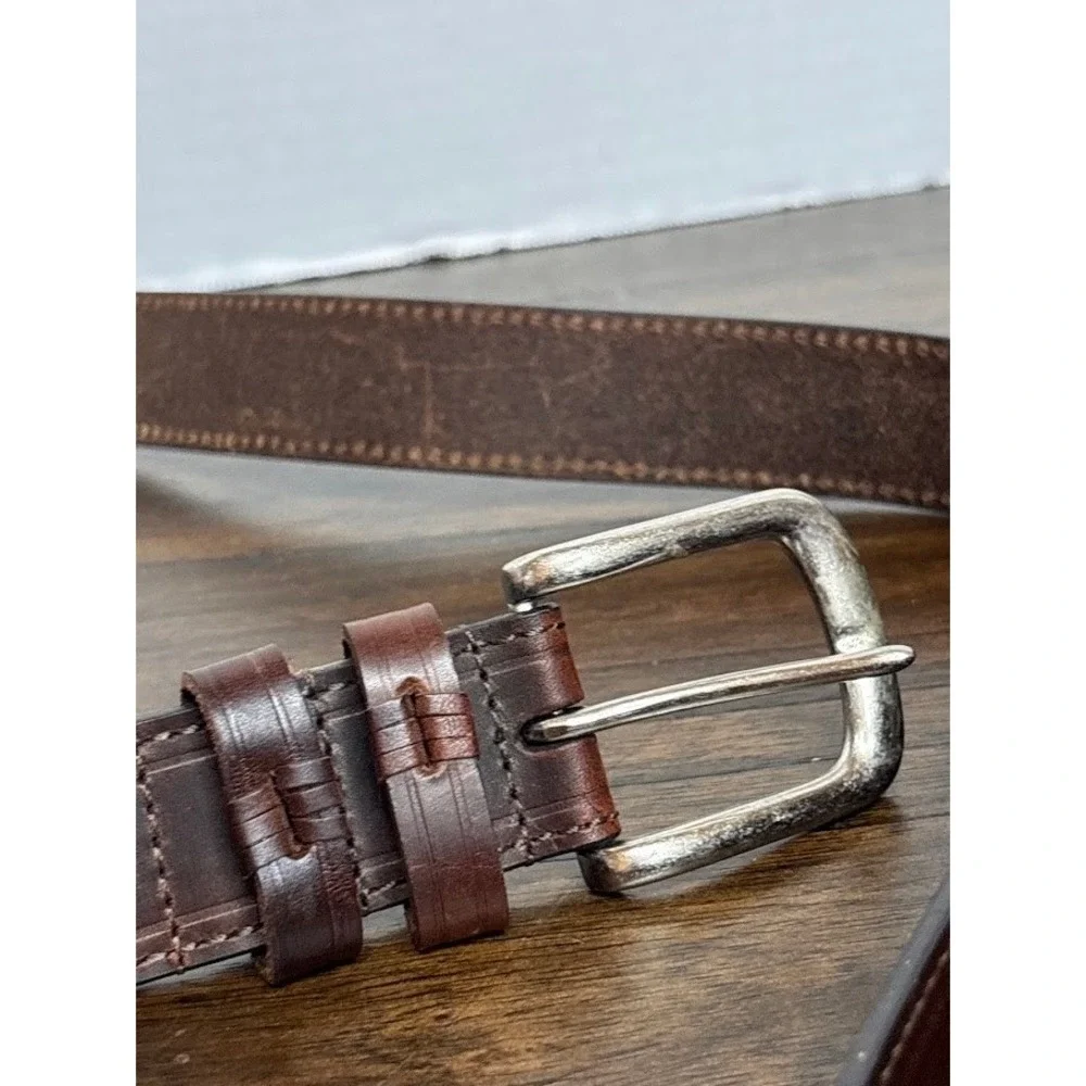 Mens Brown Top Grain Leather Belt Size 40 Stitched Western Casual Silver Buckle